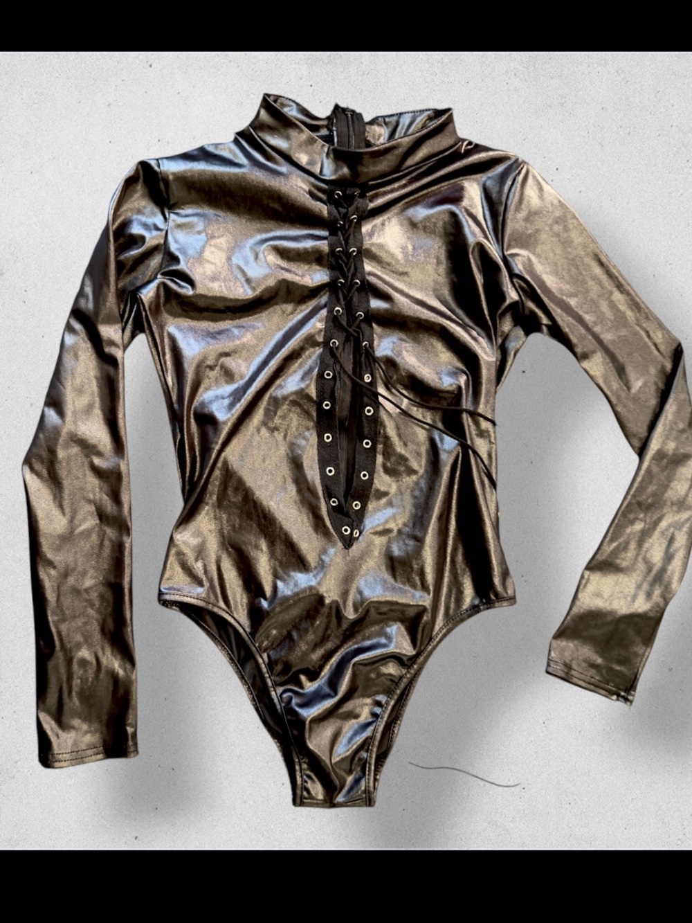 Black Metallic Lace-Up faux leather Long Sleeve bodysuit cosplay